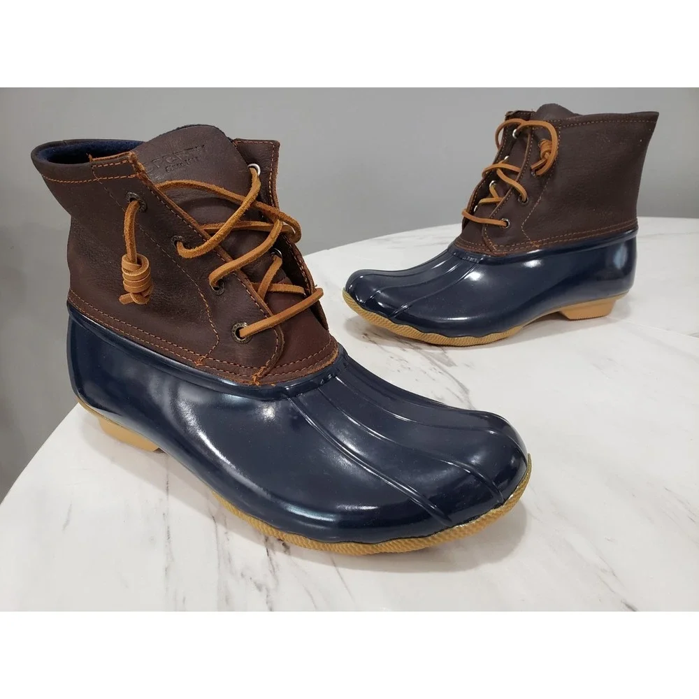 NEW NO BOX SZ 8 Sperry Saltwater Waterproof Duck Rain Boots Blue Brown Leather
